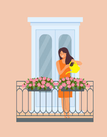 Young woman is watering flowers on the balcony. Vector flat illustrationのイラスト素材