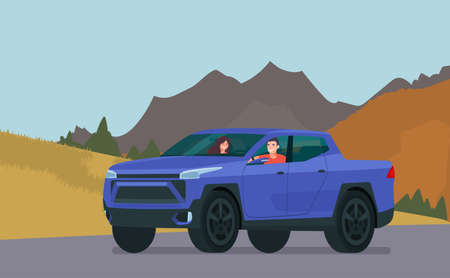 Electric pickup truck with a man and a woman inside. They are driving to the mountains. Vector...