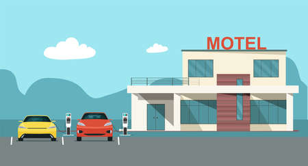 Modern motel with electric car parking and charging stations. Vector flat style illustration.のイラスト素材