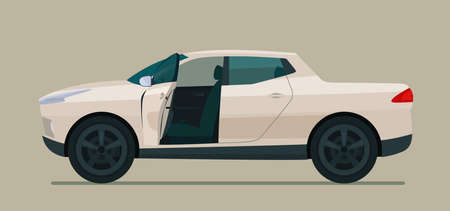 Electric pickup car with open door isolated, side view. Vector illustration.のイラスト素材