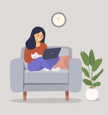 Young woman is relaxing on comfortable chair and using laptop. Vector flat illustrationのイラスト素材