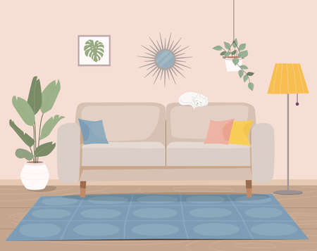 Furniture: sofa, plants, picture. Living room interior.Flat style vector illustrationのイラスト素材