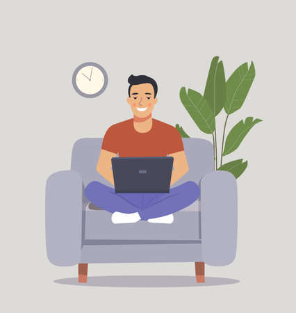 Young man sitting on the chair at home interior and working with laptop. Vector flat illustrationのイラスト素材