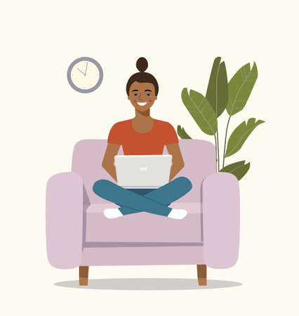 Young afro American woman is relaxing on comfortable chair and using laptop. Vector flat illustrationのイラスト素材