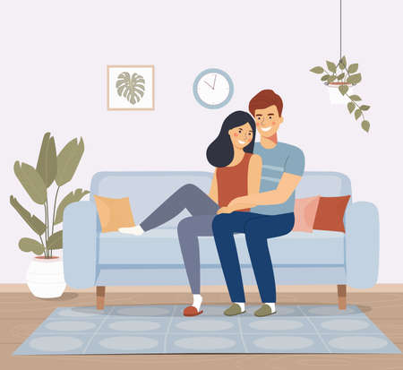 Young woman and man sitting on sofa in the living room. Vector flat style illustrationのイラスト素材