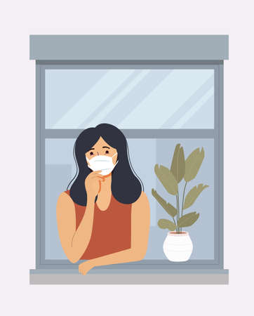 Young woman with face mask looking out window. Vector flat illustrationのイラスト素材