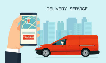 Delivery service app on smartphone. Cargo van and delivery worker in medical mask. Tracking an order using his smartphone. Abstract cityscape in the background. Concept for logistics and technology.のイラスト素材