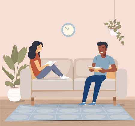 Afro american man and woman sitting on the couch with books. Vector flat illustrationのイラスト素材