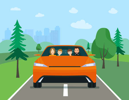 Family driving in modern electric car on weekend holiday. Vector flat illustrationのイラスト素材