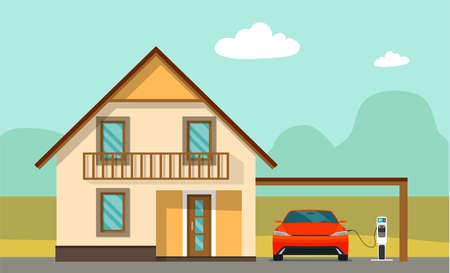 House and electric car on charging against the background of an abstract landscape. Vector illustration.のイラスト素材