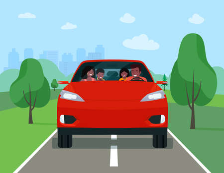 African family driving in modern electric car on weekend holiday. Vector flat illustrationのイラスト素材