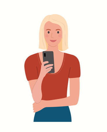 Young woman looks into the smartphone. Vector flat style illustrationのイラスト素材