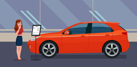 A woman chooses a car in a car dealership. Vector illustration.のイラスト素材