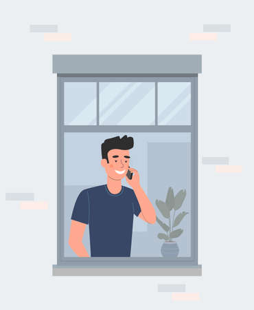 Young man is on the smartphone in the window. Vector flat style illustration.のイラスト素材
