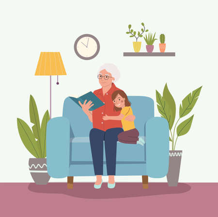 Grandmother is reading a book to her granddaughter. Grandmother and granddaughter are sitting in a chair. Vector flat cartoon style illustrationのイラスト素材