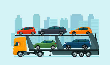 Car carrier loaded with various cars against the background of an abstract cityscape. Vector illustration.のイラスト素材
