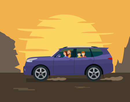 The family drives an SUV against the backdrop of the setting sun and mountains. Vector illustration in a flat style.のイラスト素材