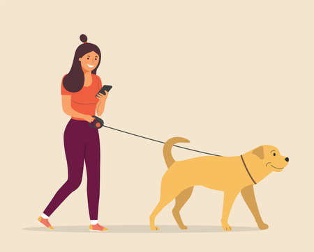 Woman is walks with a dog and looks into the smartphone. Vector flat cartoon style illustrationのイラスト素材