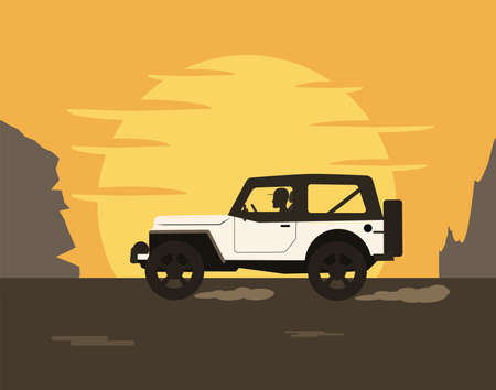 The man drives an SUV car against the backdrop of the setting sun and mountains. Vector illustration in a flat style.のイラスト素材