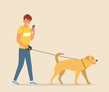 Man is walking with a dog. Vector flat style illustrationのイラスト素材