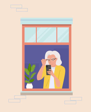 Elderly woman with glasses looks into the smartphone in the window. Vector flat style illustrationのイラスト素材