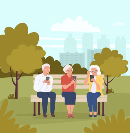 Elderly women and man are sitting on the bench with smartphones in the park. Vector flat cartoon style illustrationのイラスト素材