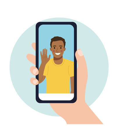 Hand holding smartphone. Face of afro american man on screen. Vector flat cartoon style illustrationのイラスト素材
