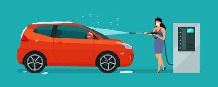 A woman in medical mask washes a car in a self-service car wash. Vector illustration.のイラスト素材