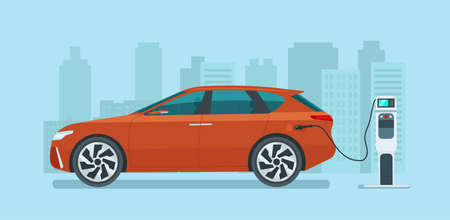 Electric compact CUV isolated. Electric car is charging, side view. Vector flat illustration.のイラスト素材