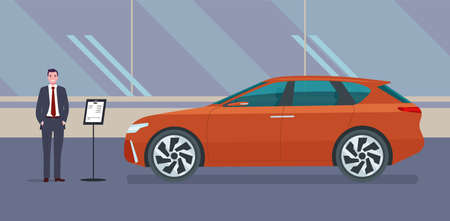 A male car dealer sells an SUV car in a car dealership. Vector illustration.のイラスト素材