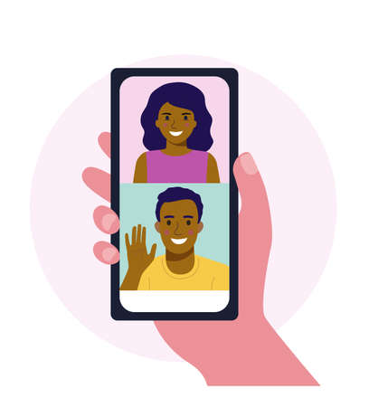 Hand holding smartphone. Face of afro american man and woman on screen. Vector flat cartoon style illustrationのイラスト素材