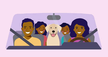 Funny afro american family driving in car front. Vector flat style illustrationのイラスト素材