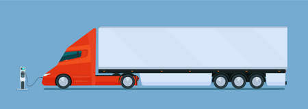 Big modern electric truck with trailer on charge. Vector flat illustration.のイラスト素材