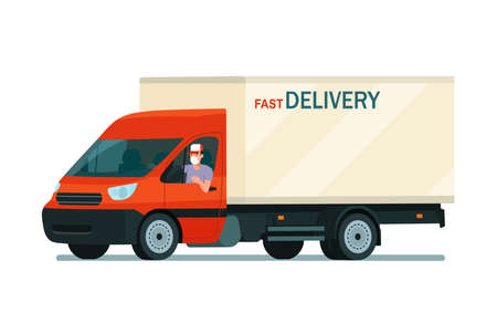 Cargo van with a face masked driver isolated. Vector flat style illustration.のイラスト素材