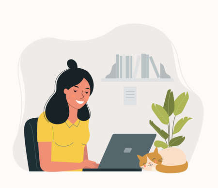 Young woman working at her office with cat. Vector flat style illustrationのイラスト素材