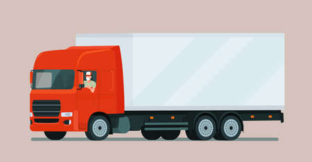 Cargo truck with a face masked driver isolated. Vector flat style illustration.のイラスト素材