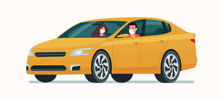 Sedan car with a young man and woman in a medical mask isolated. Vector flat style illustrationのイラスト素材