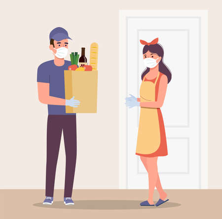 Courier in a medical mask and gloves holding grocery bags near the apartment door.Woman in the mask receives food delivered. Vector flat style illustrationのイラスト素材