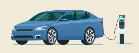 Modern electric sedan car is charging isolated. Vector flat style illustration.のイラスト素材