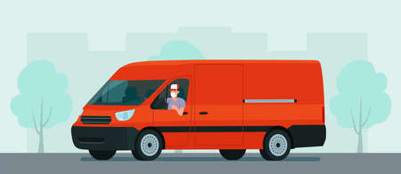 Cargo van with a face masked driver against the background of an abstract cityscape. Vector flat style illustration.のイラスト素材