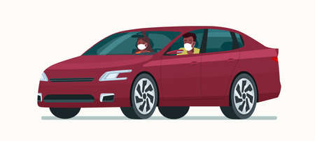 Sedan car with a young afro man and woman in a medical mask isolated. Vector flat style illustrationのイラスト素材