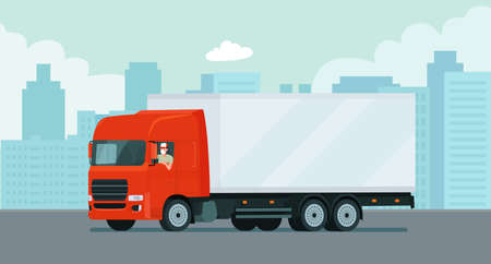 Cargo truck with a face masked driver on the background of an abstract cityscape. Vector flat style illustration.のイラスト素材