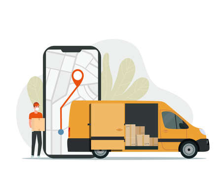 Delivery service app on smartphone. Cargo van and delivery worker. Tracking an order using his smartphone. Vector flat style illustrationのイラスト素材