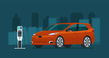 Electric CUV car in an abstract city. Electric car is charging. Vector flat style illustration.のイラスト素材