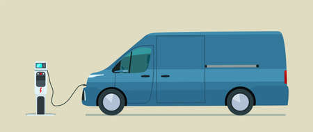 Electric cargo van isolated. Electric car is charging. Vector flat style illustration.のイラスト素材