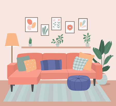 Comfortable sofa with pillow, bookcase and house plants. Vector flat illustrationのイラスト素材