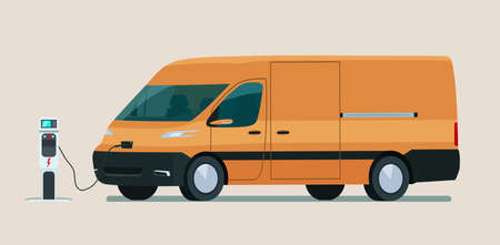 Electric cargo van isolated. Electric car is charging. Vector flat style illustration.のイラスト素材
