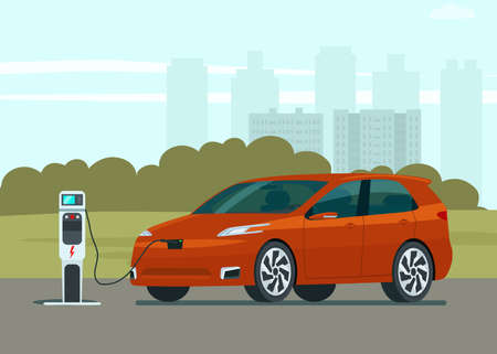 Electric CUV car in an abstract city. Electric car is charging. Vector flat style illustration.のイラスト素材