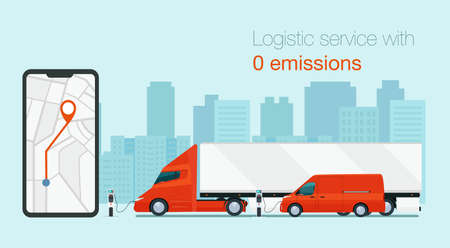 Logistic service with electric vehicles. Cargo vans and truck. Tracking an order using his smartphone. Abstract cityscape in the background. Concept for logistics and technology. Vector illustration.のイラスト素材