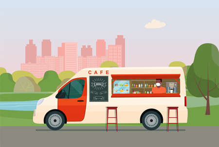 Foodtrack van with a seller in a medical mask isolated. Cafe on wheels. Vector illustration.のイラスト素材